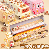 Cartoon Capybara School Bus Pencil Case, Large Capacity Three-Layer Metal Stationery Box for Students