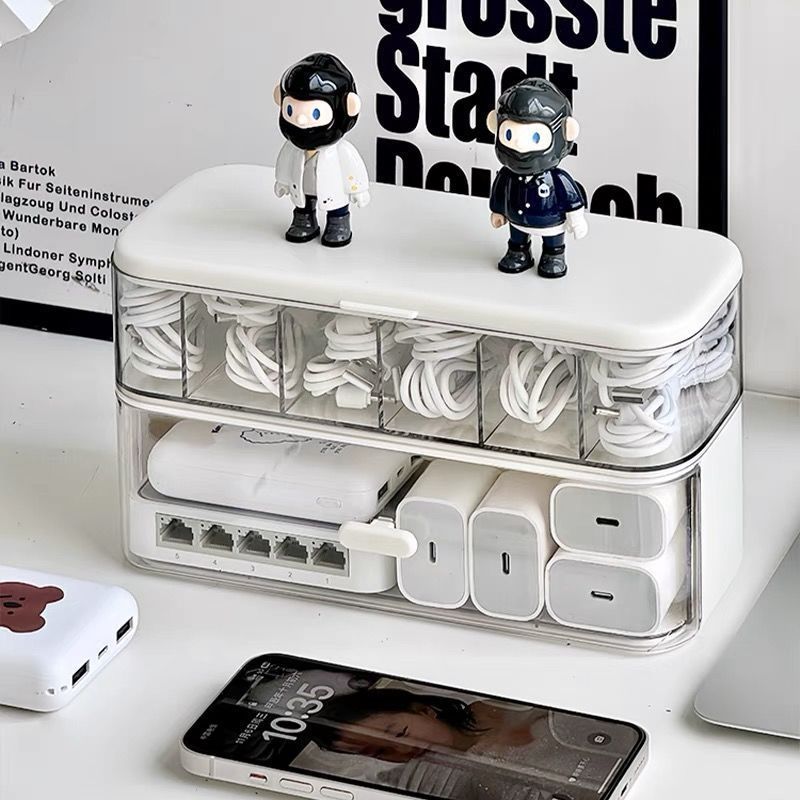 Desktop Double-Layer Cable Organizer Box with Dustproof Compartments for Phone Chargers and Power Cords