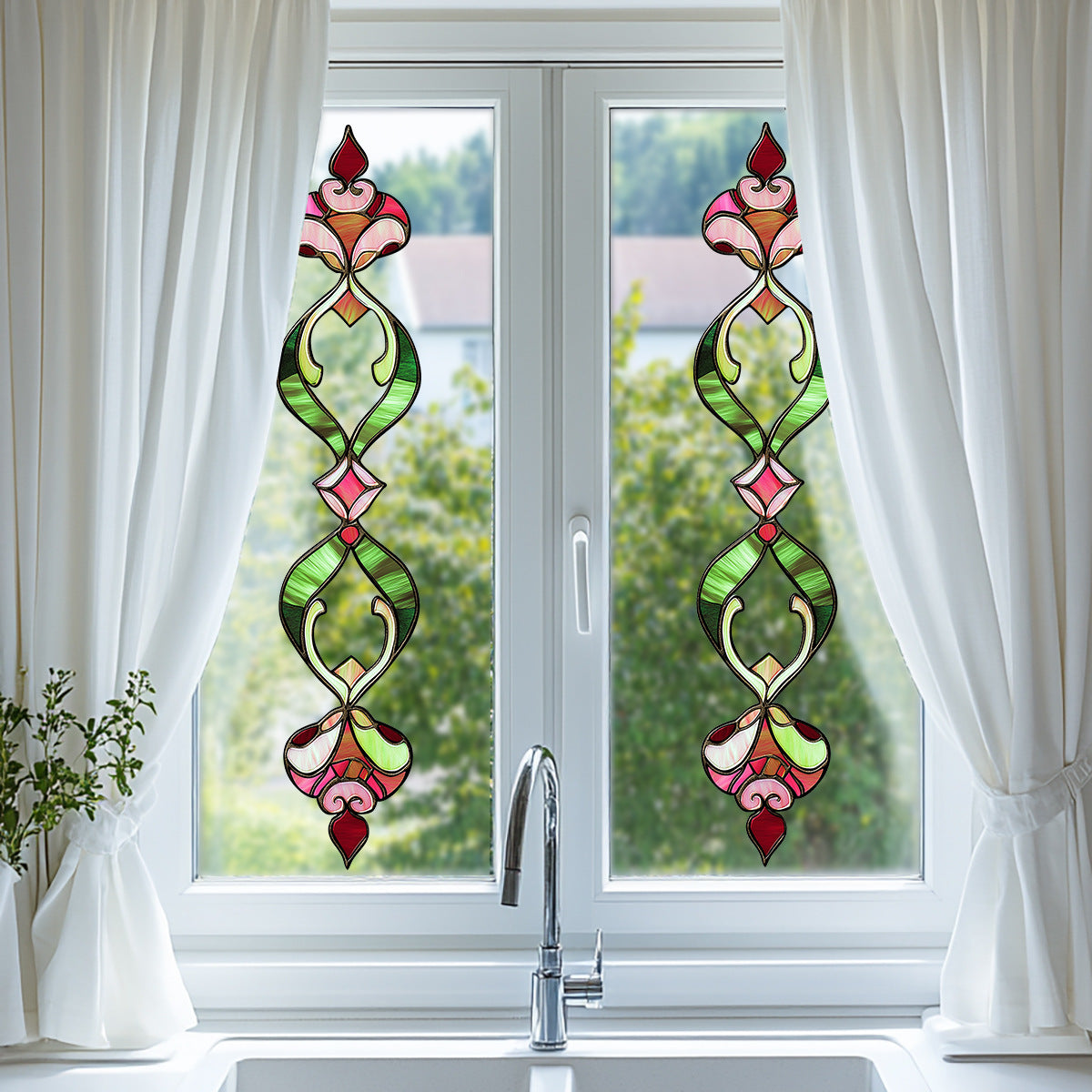 Stained Glass Style Window Film Retro Floral Pattern Self-Adhesive Privacy Decal for Home Decor