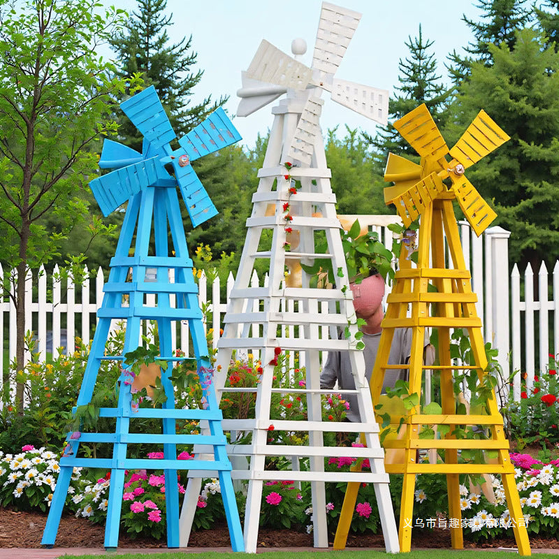 Outdoor Garden Wooden Trellis for Climbing Plants - Windmill Design Arbor for Roses and Vines