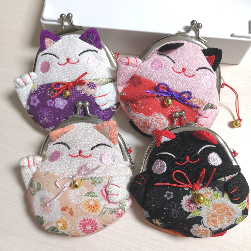 Maneki-Neko Silk Coin Purse with Clasp Closure