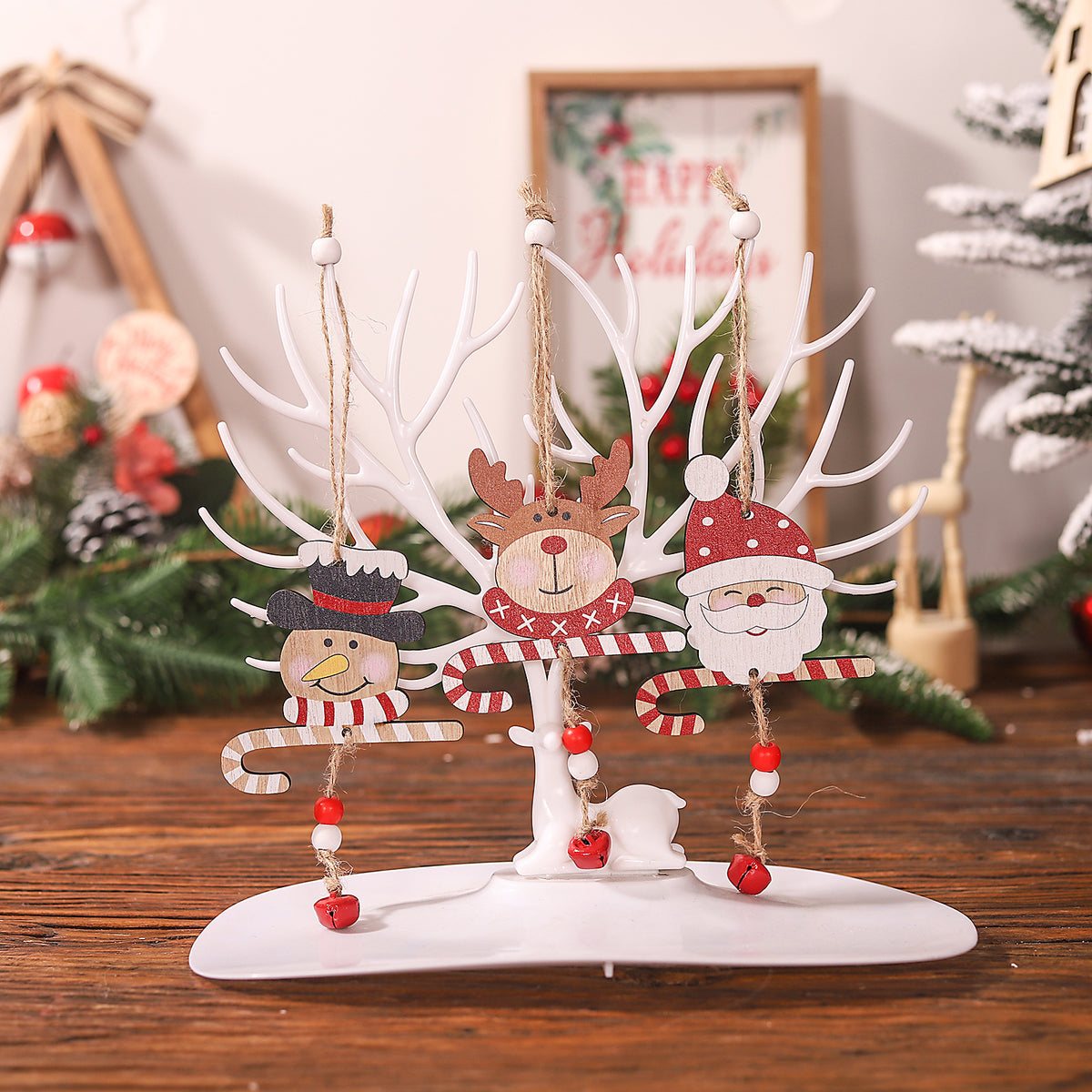 Christmas Santa Snowman Reindeer Wooden Ornaments with Bell