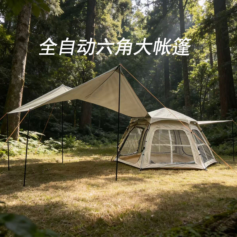 Pop-Up Hexagon Camping Tent for 3-4 People with Waterproof Mat