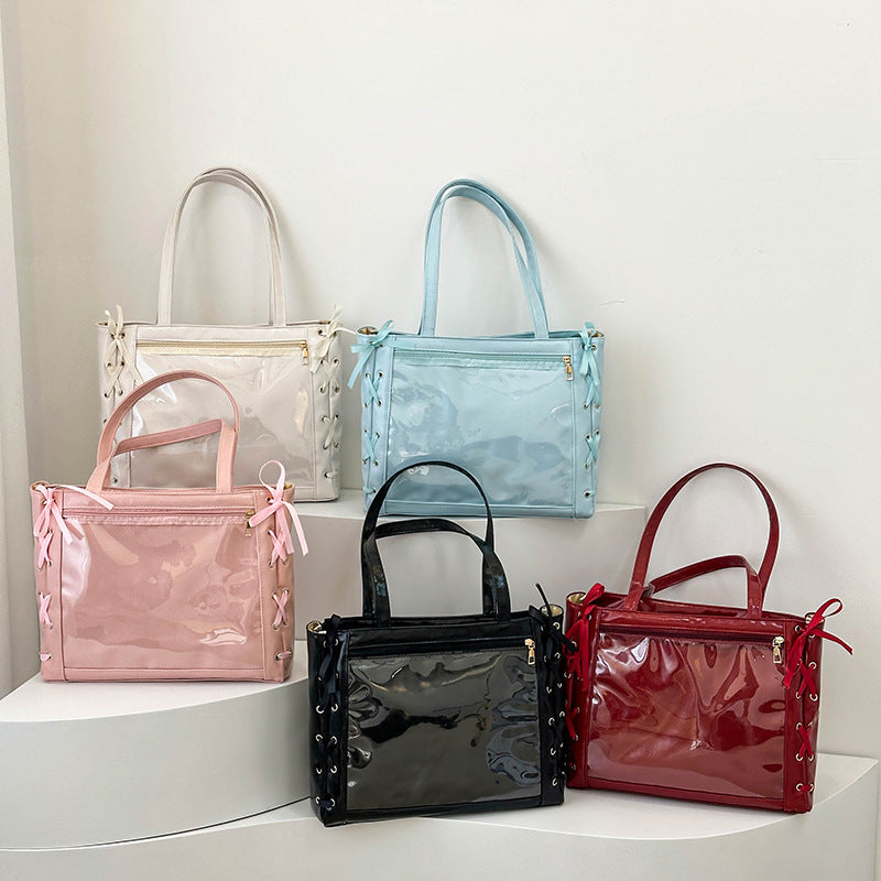Japanese Style Ribbon Bow Transparent Panel Tote Bag