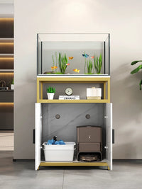 Minimalist Solid Wood Aquarium Stand with Metal Frame for Living Room, Multi-tier Fish Tank Base Cabinet