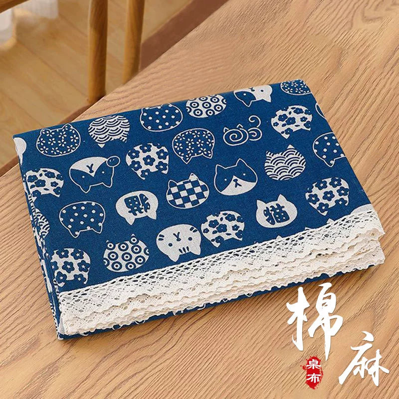 Cotton Linen Japanese Style Tablecloth with Lucky Cat Print for Dining Table and Coffee Table
