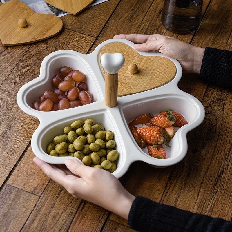 Ceramic Heart/Flower Divided Serving Platter with Lid and Bamboo Rotating Tray for Afternoon Tea Snacks