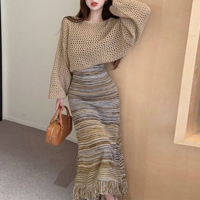 Vintage Knit Mesh Pullover Cardigan with Tassel Skirt Set