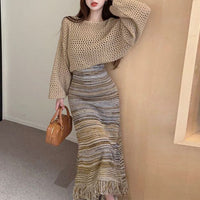 Vintage Knit Mesh Pullover Cardigan with Tassel Skirt Set