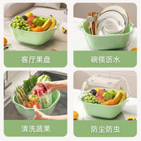 Double-Layer PET Vegetable Drain Basket for Kitchen, Household Plastic Fruit Washing Basin Set, Wet and Dry Use