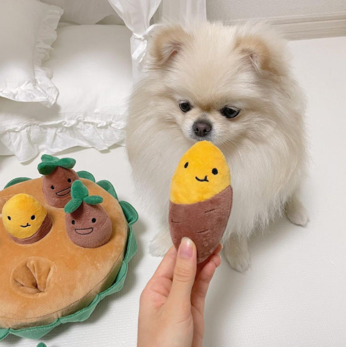 Interactive Sweet Potato Snuffle Toy for Dogs - Squeaky Plush Food Hiding Puzzle
