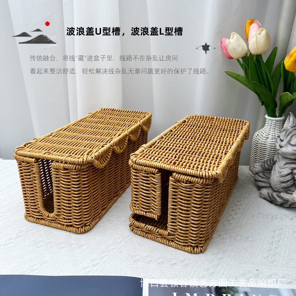 Pastoral Style Rattan Weave Power Strip Storage Box Data Cable Organizer Basket for Desktop Bedroom