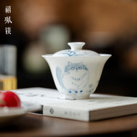 Hand-Painted Underglaze Blue and White Cat Gaiwan Teacup, Thin-Walled Porcelain, 110ml