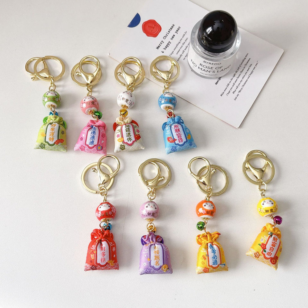 Lucky Cat Omamori Charm with Bell - Japanese Style Fortune Amulet Keychain
