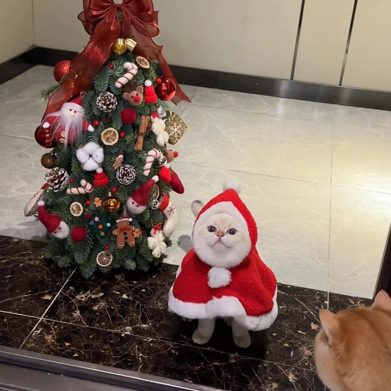 Pet Christmas Cape with Hat for Cats and Small Dogs, Winter Warm Festival Outfit