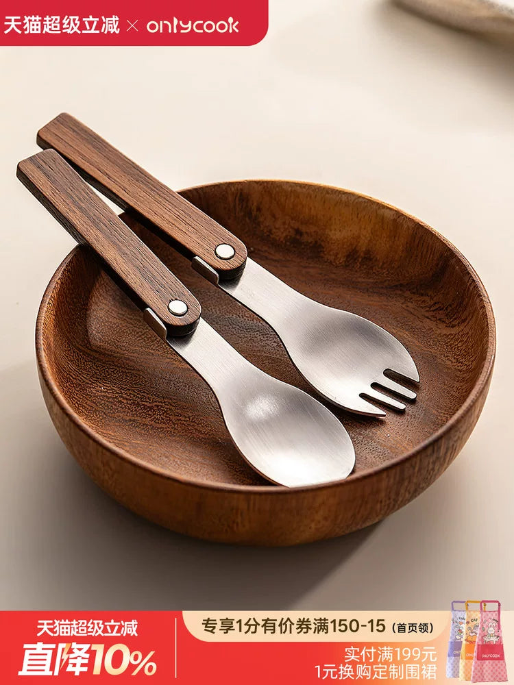 Onlycook Foldable 304 Stainless Steel Spoon and Fork Set with Walnut Handle for Outdoor Camping