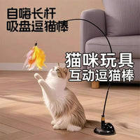 Suction Cup Cat Teaser Wand Toy with Feather Refills for Kitten Play and Interaction