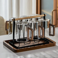 Japanese High Borosilicate Glass Teacups Set with Wooden Handle and Tray