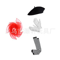 Halloween Clown Mime Costume Set with Hat, Gloves, Stockings, Suspenders, and Scarf