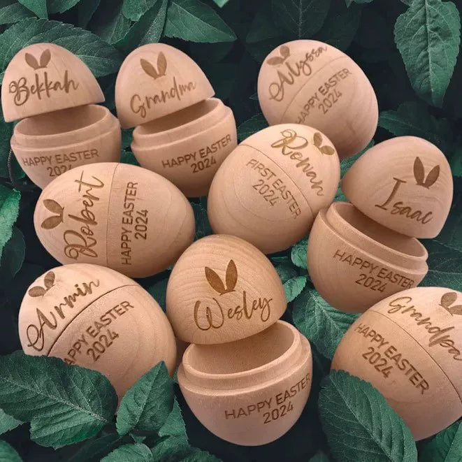 Personalized Engraved Wooden Eggshell Pearl Box, Hollow Easter Egg Design