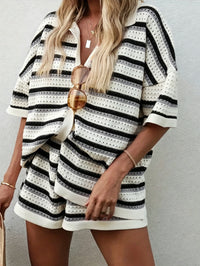 Women's Knitted Color Block Lapel Striped Short Sleeve Top and Shorts Set