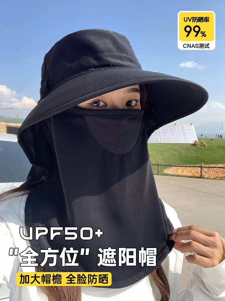 Women's Wide Brim Sun Hat with Neck Flap and Face Mask, UV Protection Breathable Summer Outdoor Hat