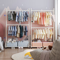 Kids Room Adjustable Double-Layer Garment Rack with Wheels, Cream Style Floor-Standing Clothes Hanger
