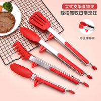 4-Piece Set FDA Food Grade Silicone Food Tongs with Stainless Steel Handles for Bread, BBQ, and Pasta