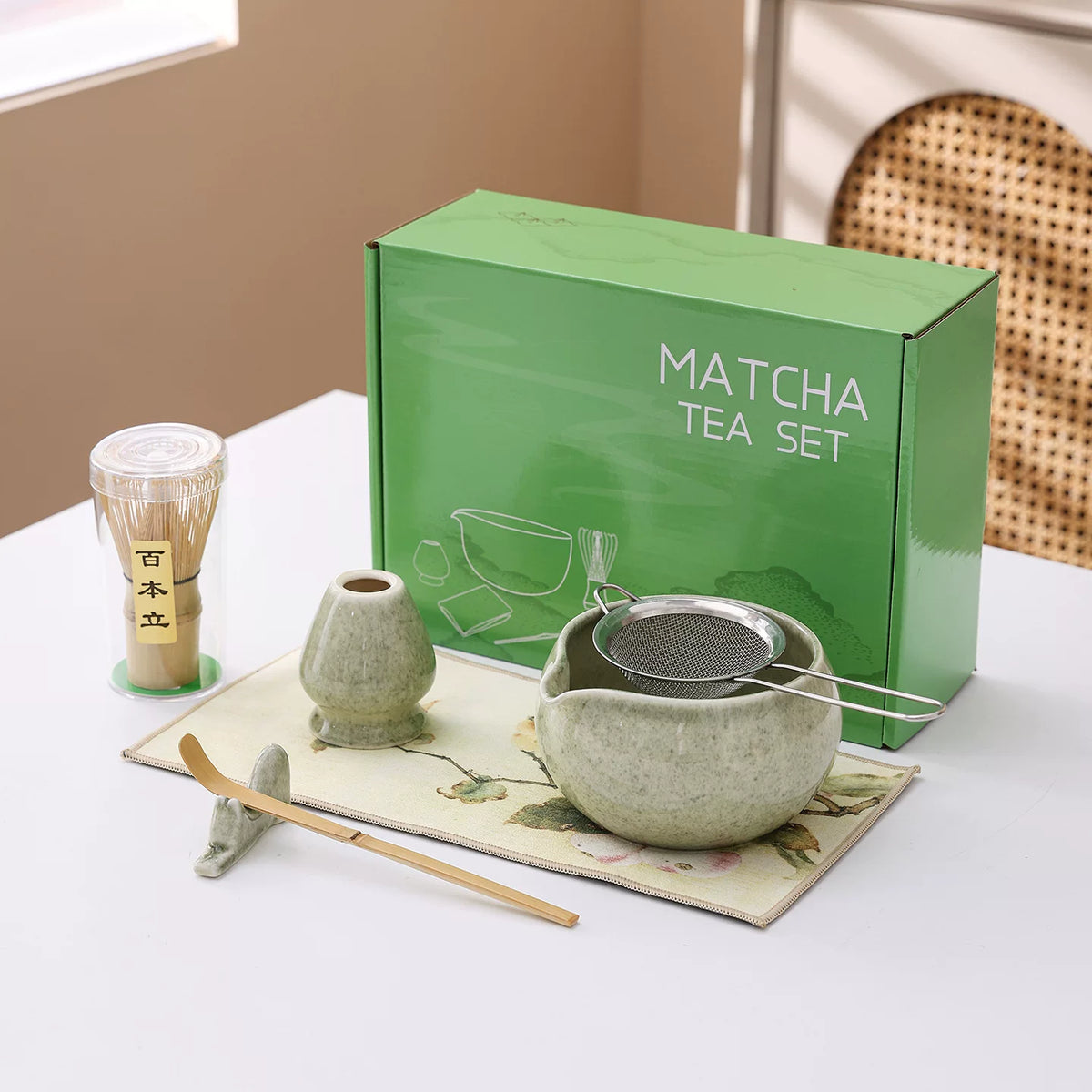 Ceramic Matcha Bowl Set with Spout and Whisk for Traditional Tea Ceremony