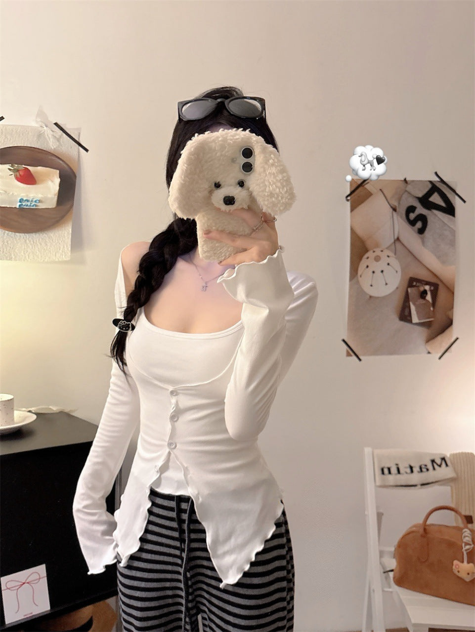 Sweet Ruffle Trim Long Sleeve Cardigan and Padded Camisole Set