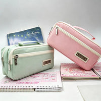 Minimalist Large Capacity Solid Color Pencil Case with Handle, Multi-layer Portable Storage Bag for Students and Office