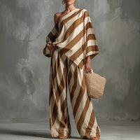 Women's Striped Print Long Sleeve Top and Wide Leg Pants Two-Piece Set