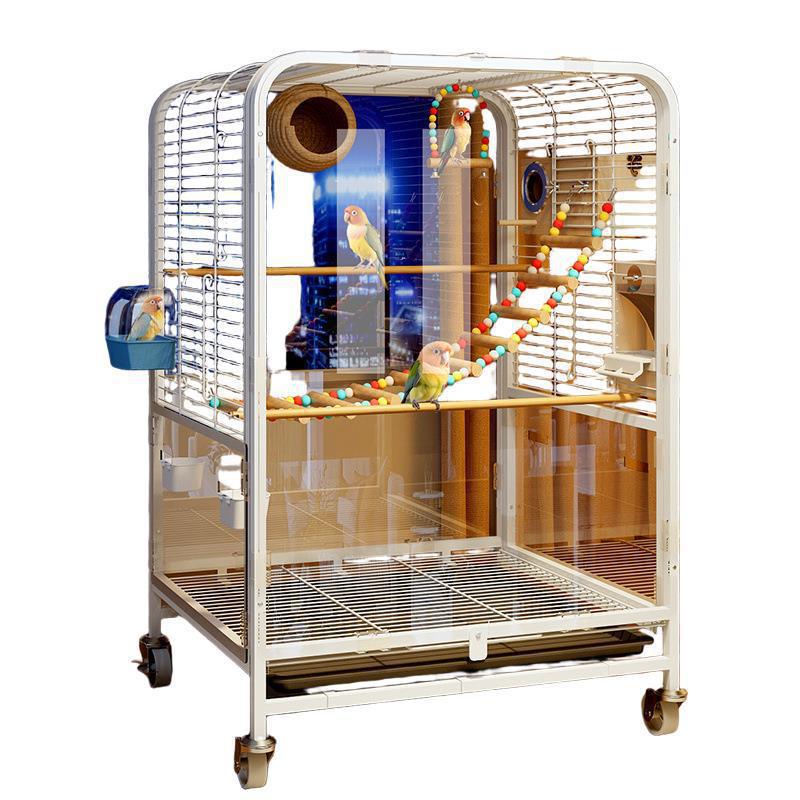 Large Transparent Splash-Proof Bird Cage for Parakeets and Finches, Deluxe Villa Style with Metal Construction