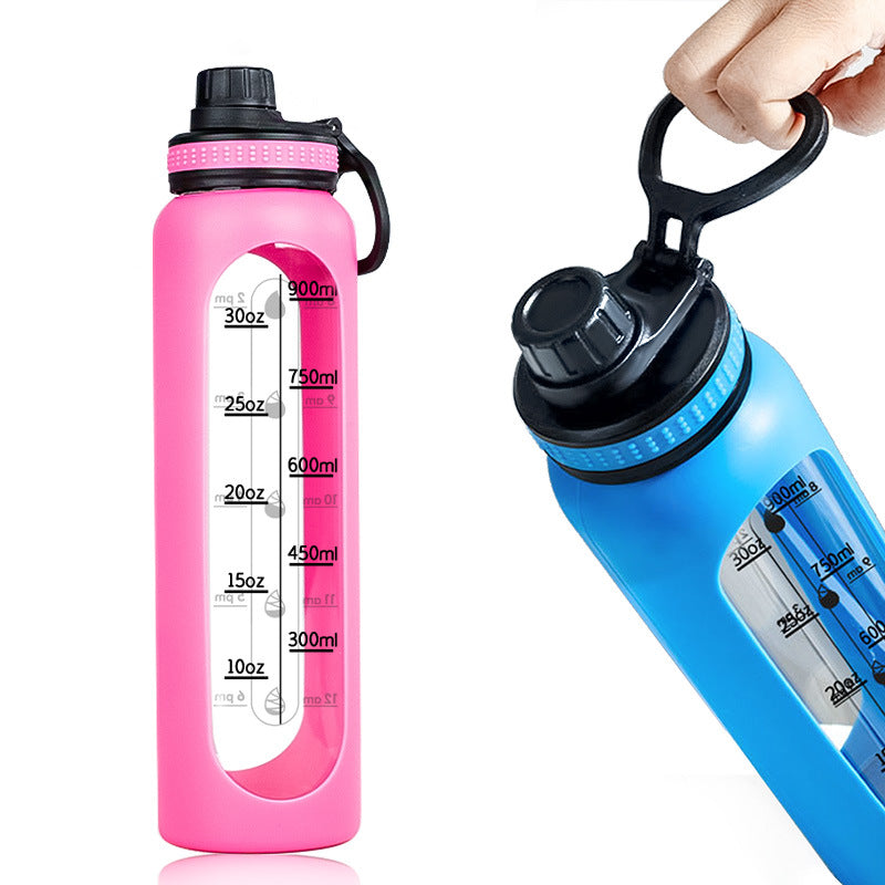 Large Capacity Glass Water Bottle with Silicone Sleeve and Handle, Portable for Sports and Travel