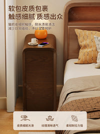 Solid Wood Narrow Bedside Table with Nappa Leather Drawer, Modern Minimalist Nightstand for Small Spaces