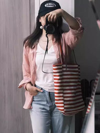 Striped Canvas Tote Bag for Women, Large Capacity Casual Shoulder Bag