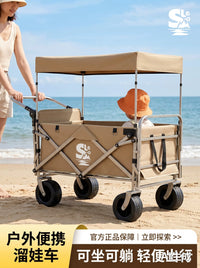 SOFUN Outdoor Folding Camping Wagon with Canopy, Reclining Children's Travel Cart, All-Terrain Utility Stroller