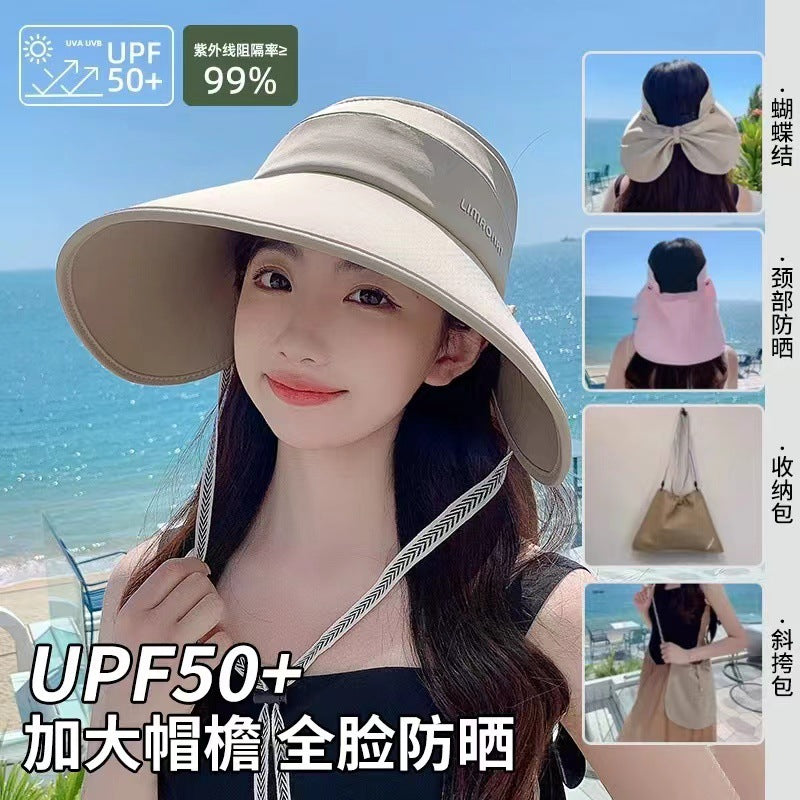 Women's UV Protection Wide Brim Sun Visor Hat with Neck Flap and Bow Detail