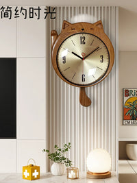 Lucky Cat Solid Wood Wall Clock with Silent Movement for Living Room Decor