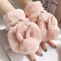 Winter Plush Lined Cartoon Rabbit Ear Gloves for Students, Thickened Warm Cycling Gloves