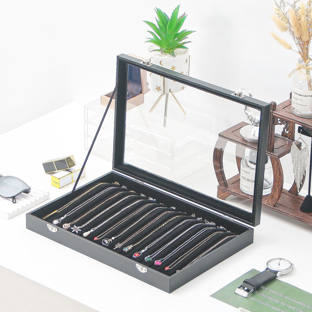 Jewelry Display Tray with Glass Lid, Dustproof Necklace Organizer Storage Box