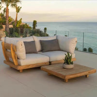 Outdoor Teak Sofa Set with Coffee Table, Nordic Solid Wood Woven Rattan Lounge Furniture for Patio Garden