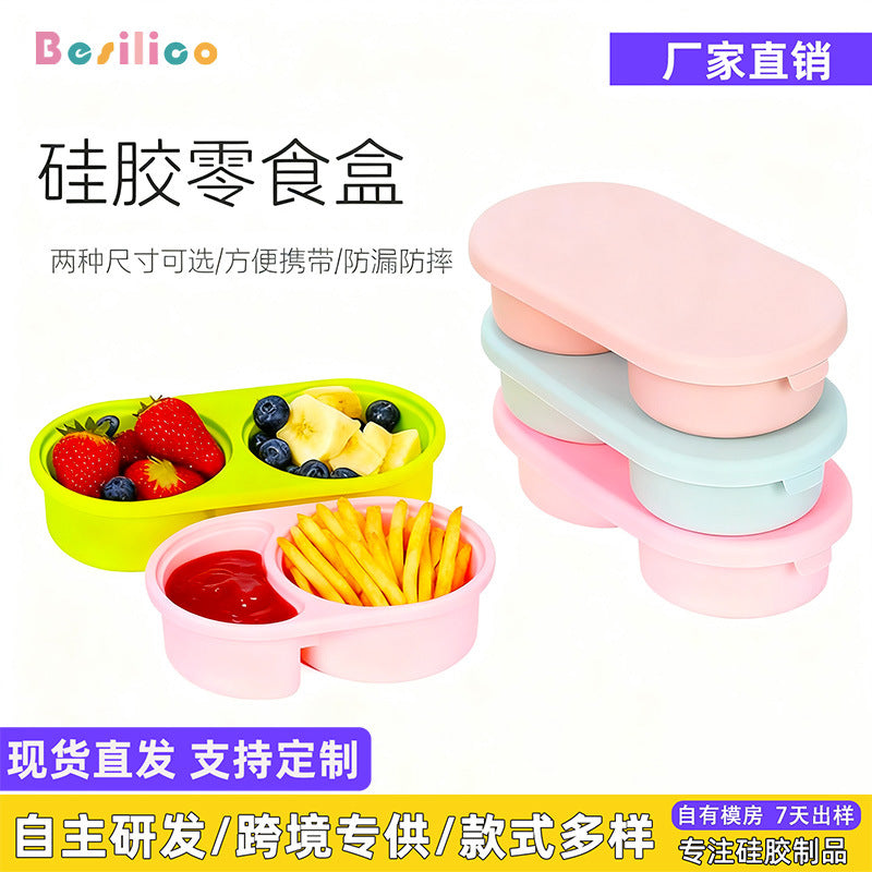 Silicone Dual-Compartment Lunch Box with Lid, Microwave Safe, Portable Food Storage Container
