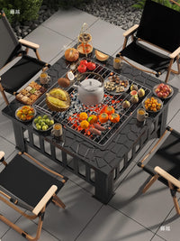 Outdoor Camping BBQ Grill Table with Heating Function and Charcoal Stove for Patio