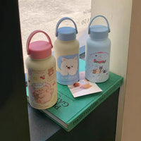 Cute Cartoon Large Capacity Insulated Water Bottle with Handle, Stainless Steel Portable Thermos for Women