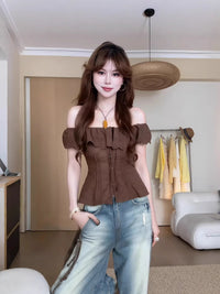 Women's French Style Off-Shoulder Lace Patchwork Short Sleeve Top