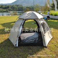Double-Layer Hexagonal 6-Person Camping Tent with Silver Coating for Rain and Sun Protection