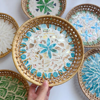 Handwoven Rattan Fruit Basket with Shell Inlay, Decorative Round Hollow Snack Tray for Living Room