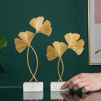Metal Ginkgo Leaf & Monstera Leaf Figurine Ornaments with Crystal Ball Base for Home Decor