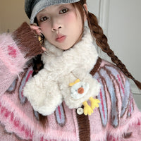 Cute Cartoon Chick Plush Cross Scarf for Women, Japanese Style Warm Winter Neck Warmer